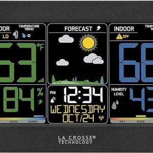 La Crosse Technology Weather Station with Customizable Alerts, Weather Forecast, Temperature, Dew Point, Humidity, Time, Heat Index, Large Display, Adjustable Brightness, Wireless, Black, C85845-INT
